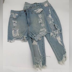 Akira lola high waist denim short and long short set